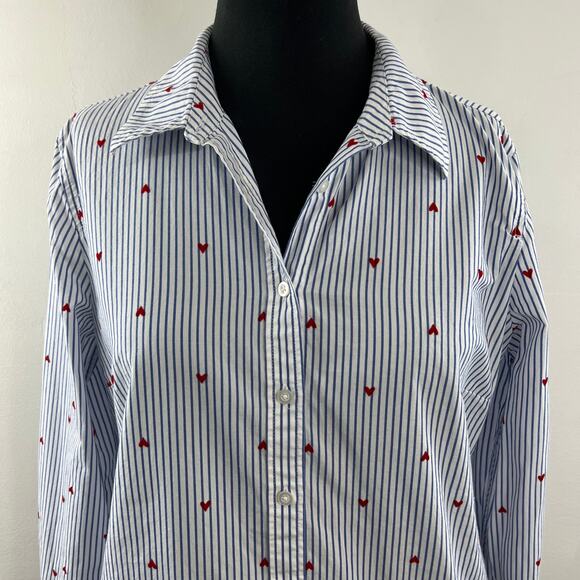 Talbots Blue White Red Top Cotton Striped Heart Collared Button-Up Size Small S - Picture 3 of 10